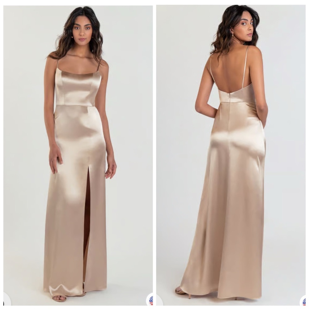 Jenny Yoo Satin Maxi Champagne The Chase scoop neck bridesmaid dress Size 8